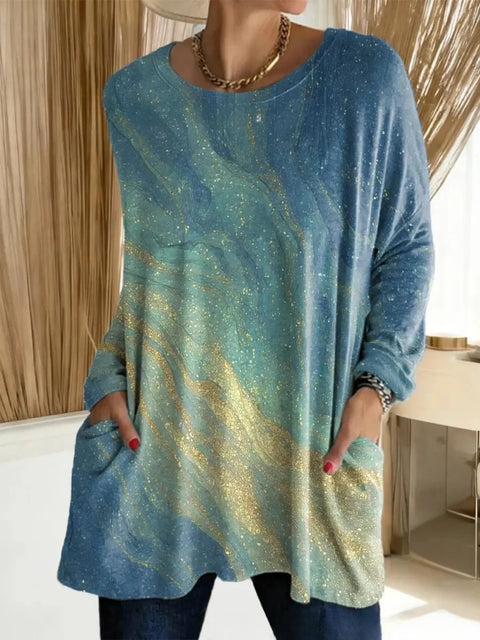 3D printed women's new medium and long pocket round neck pullover fashion T-shirt m303192