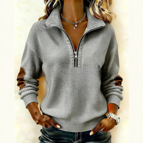 Long-sleeved semi-cardigan zipper sweater casual retro color matching long-sleeved stand-up collar top FF303410