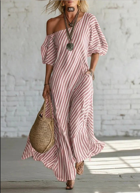 Summer new printing elegant classic striped off-the-shoulder dress m302357