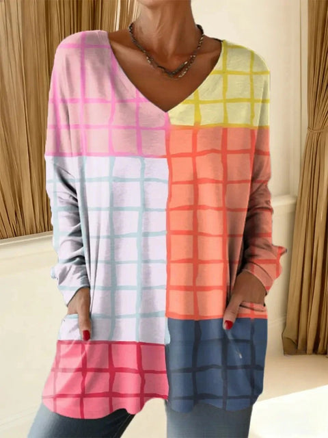 Women's new medium and long pocket V-neck pullover fashion casual T-shirt m302270