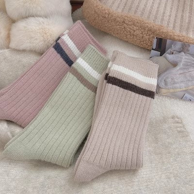 Chaussettes en peluche rayées, chaussettes longues chaudes épaissies en pur coton m1915010462