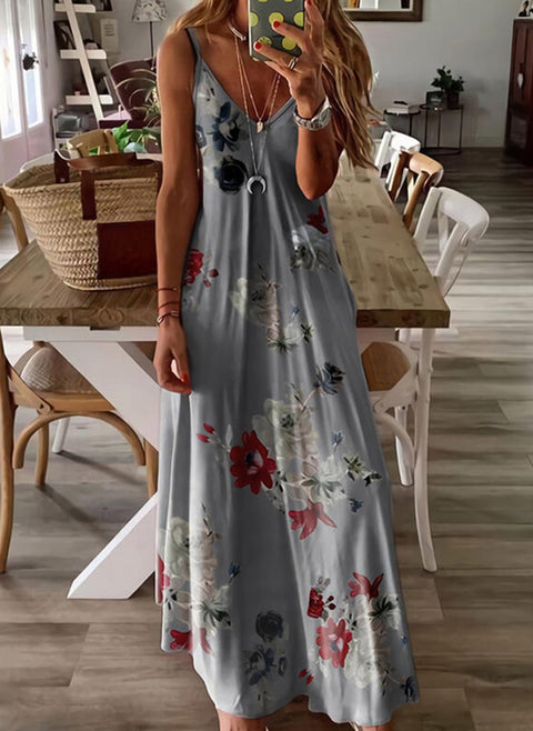 Robe trapèze longue à décolleté caraco fleuri m161503273 