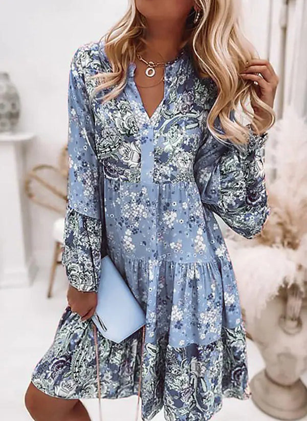 Floral V Neckline 3/4 Sleeves Above Knee A line Dress m161507179 ...