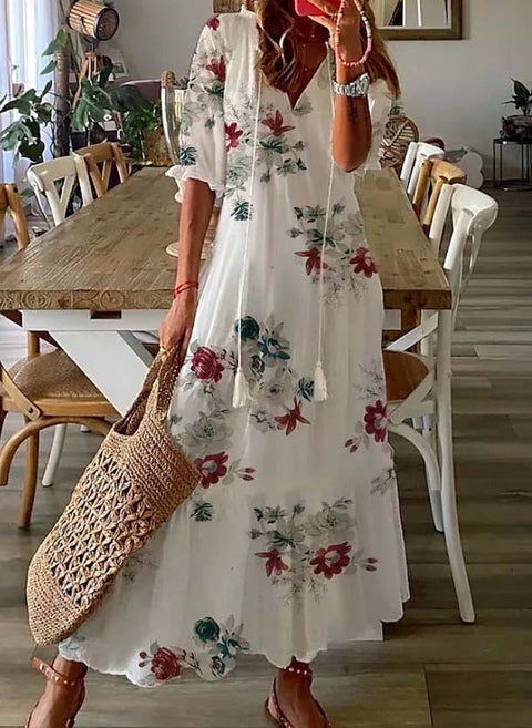 Kurzärmliges Maxikleid in A-Linie mit Blumenmuster und V-Ausschnitt m161507780 