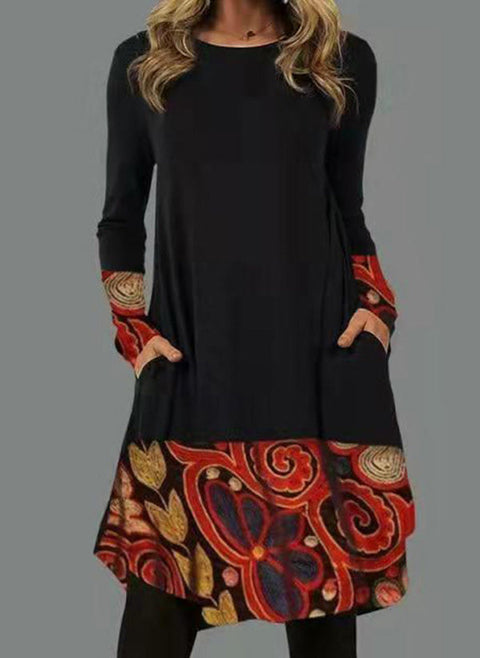 Farbblock-Kleid mit rundem Ausschnitt und langen Ärmeln über dem Knie in A-Linie m161512287 