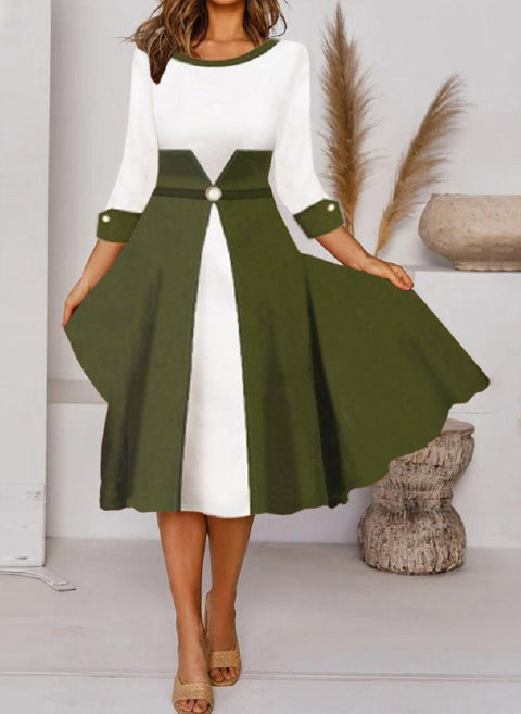 Farbblock-Kleid in A-Linie mit rundem Ausschnitt, langen Ärmeln und Knielänge m161512500 