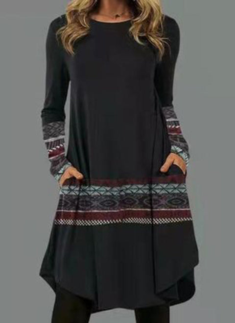 Farbblock-Kleid in A-Linie mit Rundhalsausschnitt und langen Ärmeln über dem Knie m161512574 