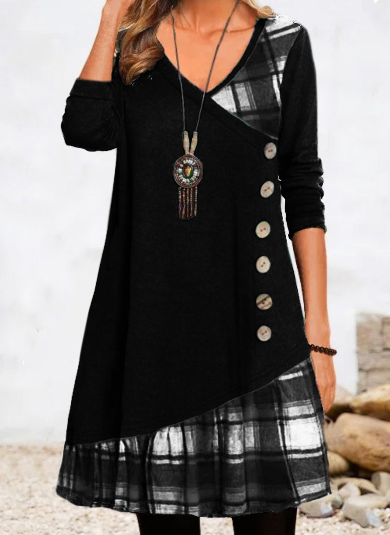 Solid V Neckline Long Sleeve Knee Length A line Dress m161513101 (5829