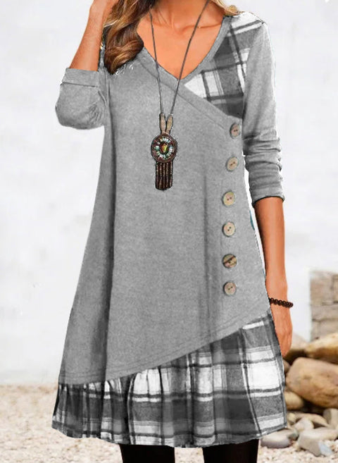 Robe trapèze unie à encolure en V, manches longues, longueur aux genoux, m161513101 