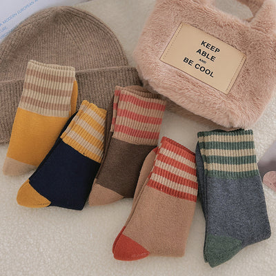 Chaussettes rayées épaissies pour chaussettes mi-longues pour enfants Instagram tendance pur coton automne et hiver isolation en peluche chaussettes longues à boucles vintage japonaises m1915010441
