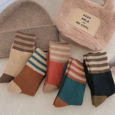 Chaussettes rayées épaissies pour chaussettes mi-longues pour enfants Instagram tendance pur coton automne et hiver isolation en peluche chaussettes longues à boucles vintage japonaises m1915010441