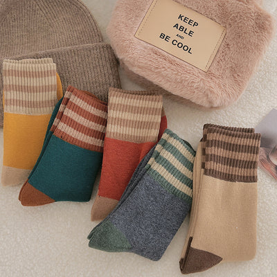 Chaussettes rayées épaissies pour chaussettes mi-longues pour enfants Instagram tendance pur coton automne et hiver isolation en peluche chaussettes longues à boucles vintage japonaises m1915010441