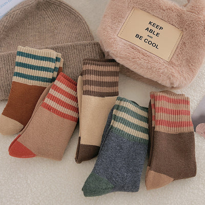 Chaussettes rayées épaissies pour chaussettes mi-longues pour enfants Instagram tendance pur coton automne et hiver isolation en peluche chaussettes longues à boucles vintage japonaises m1915010441